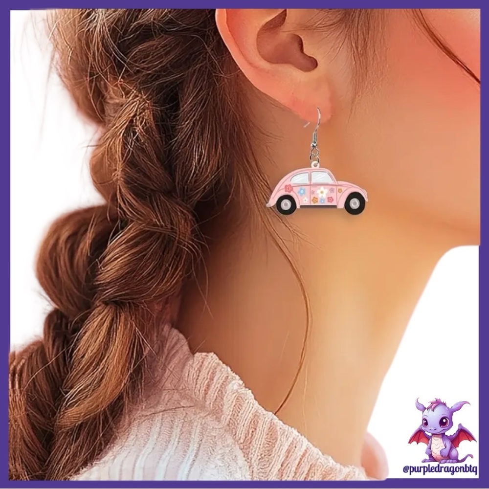 Groovy Pink Hippie Car-Shaped Earrings